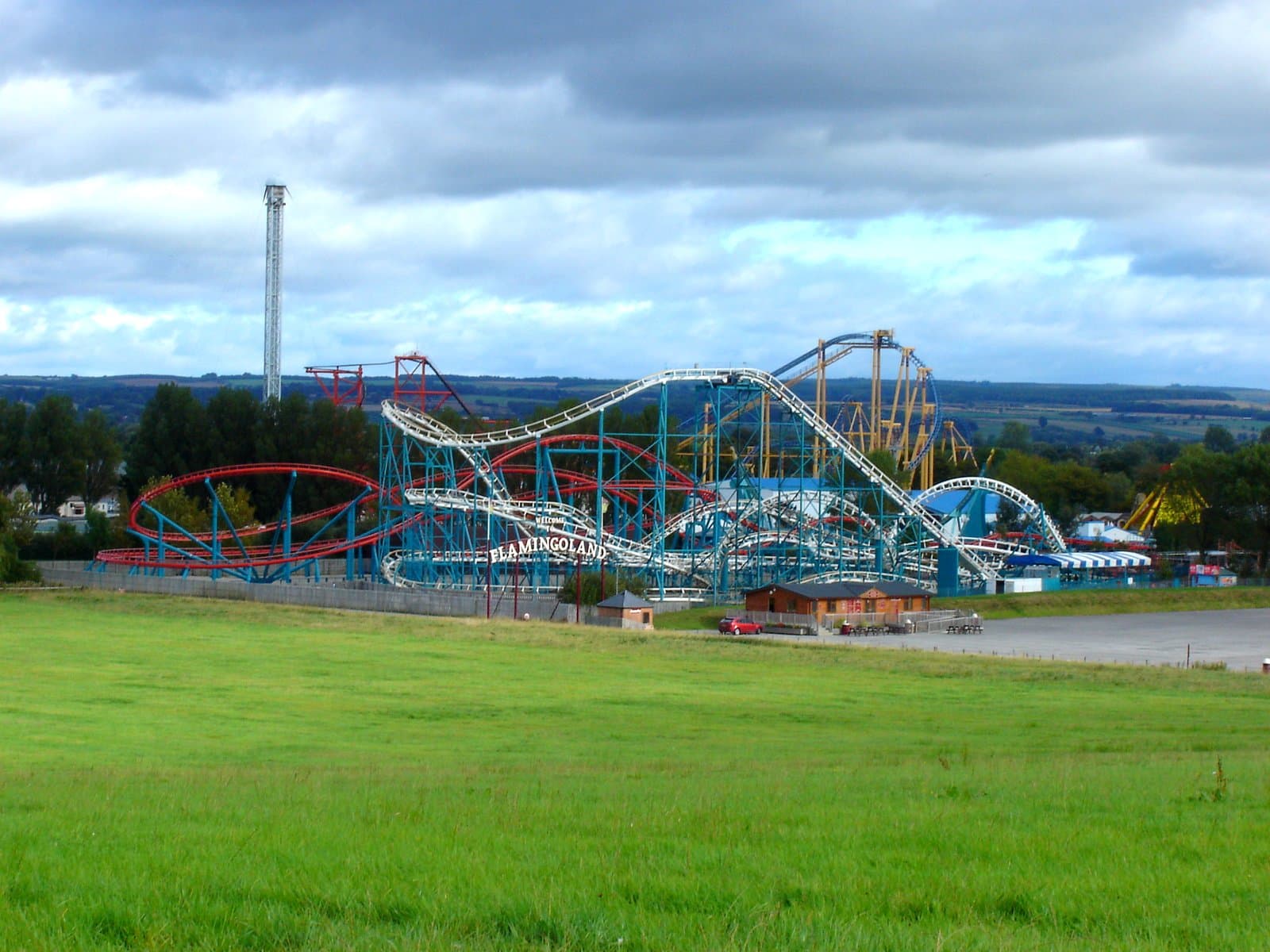 The rollercoasters at Flamingo Land Resort in North Yorkshire, with FLAMINGOLAND spelled out in the track.